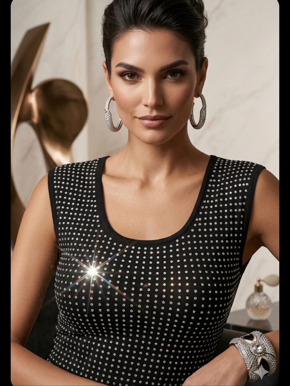 💎Caché Vintage Rhinestone Studded Scoop Neck Top